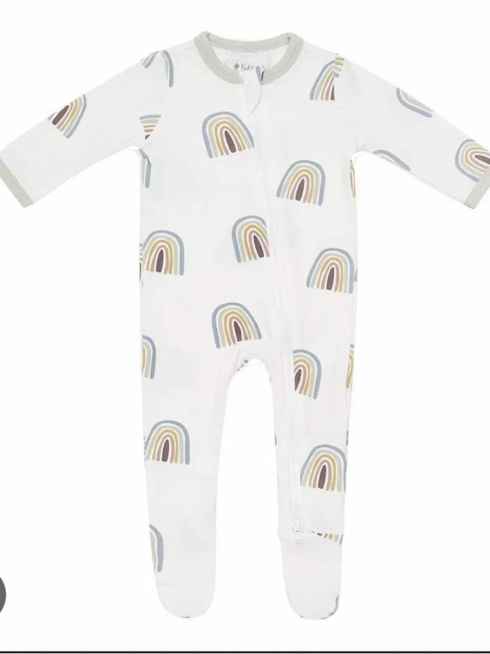 Kyte BABY White Footed One-Piece with Olive and Blue Rainbow Print